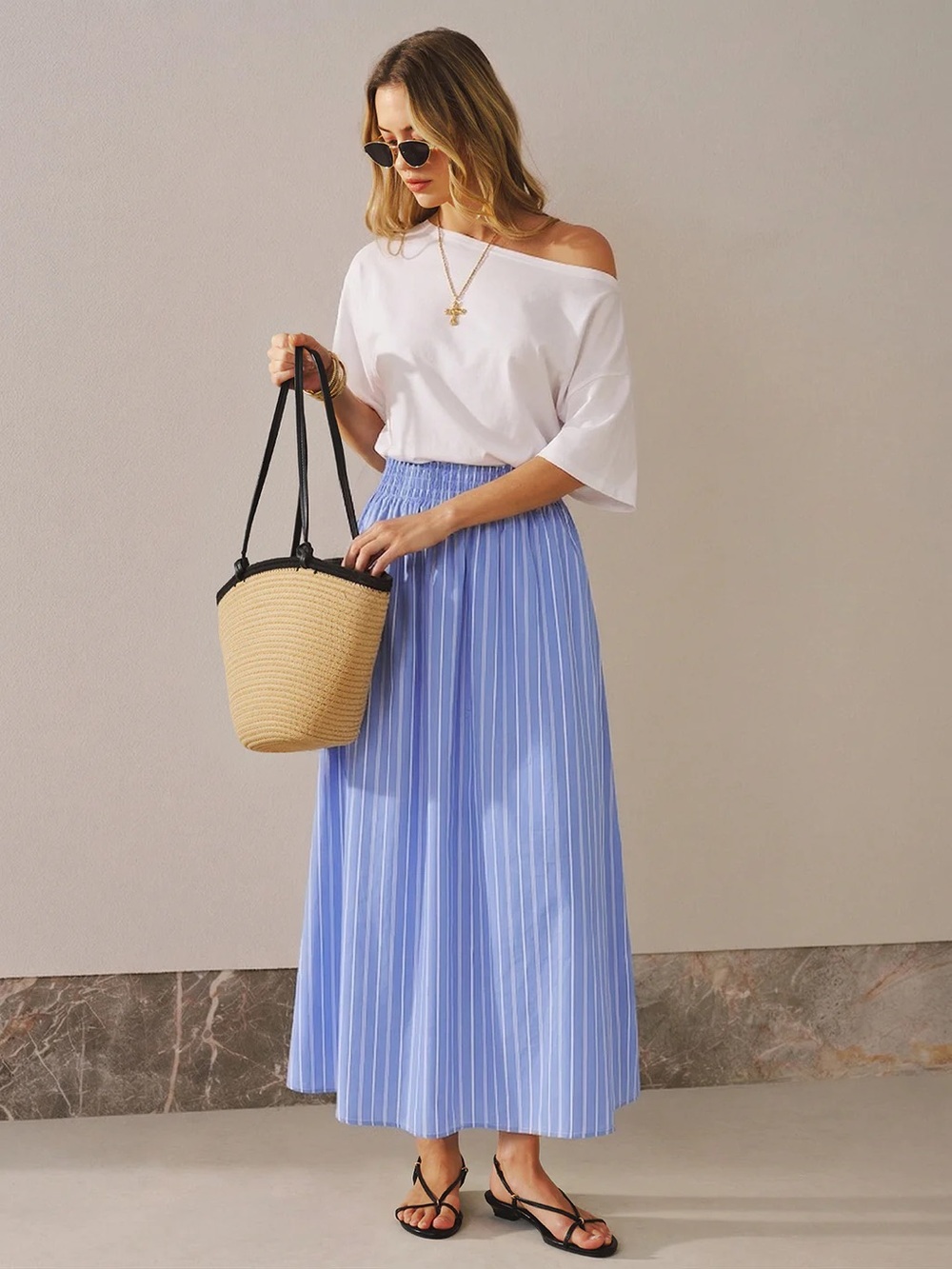 Commense White Off-Shoulder Top with Light Blue Striped Maxi Skirt